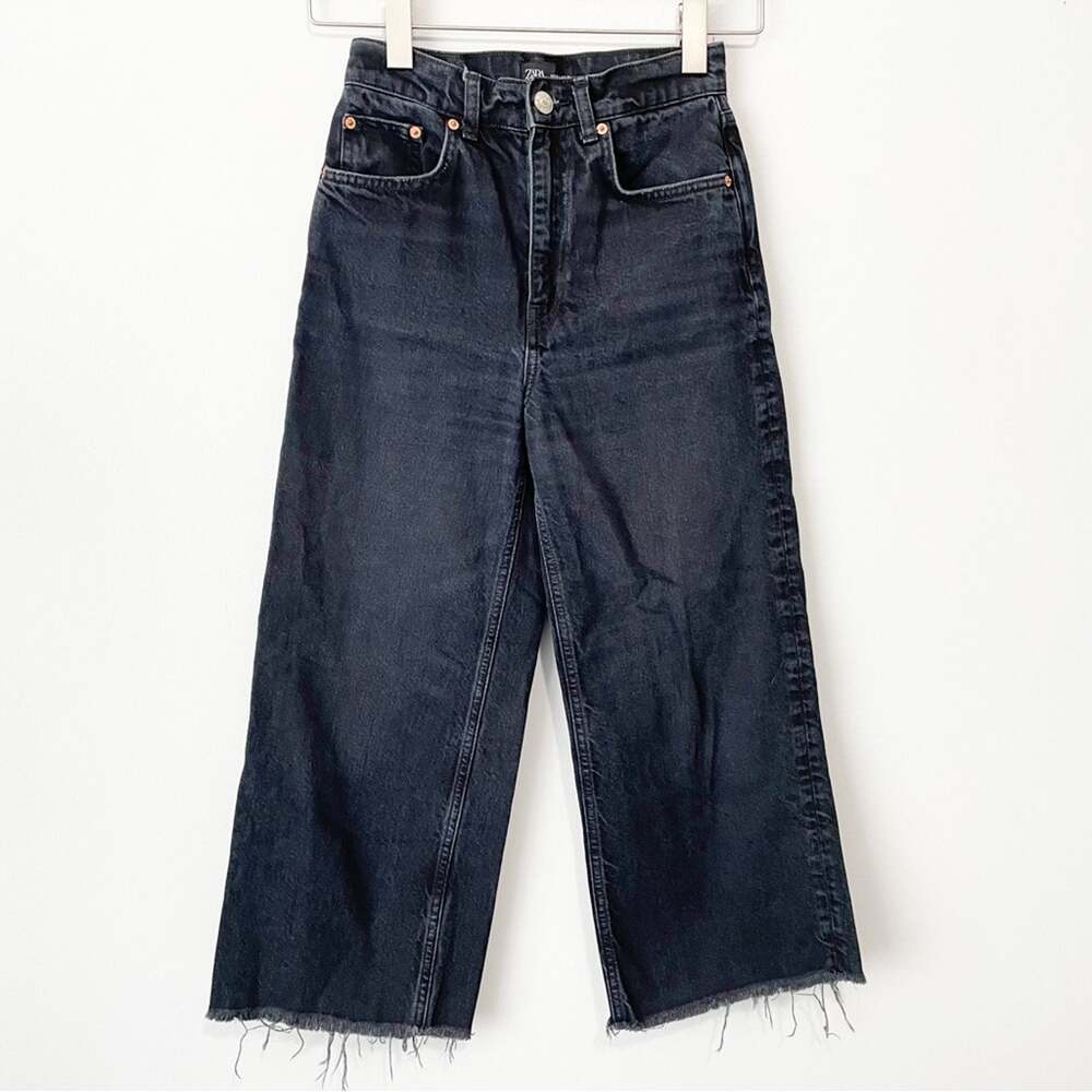 Zara mom wide leg jeans black denim size 2 organic cotton frayed hem